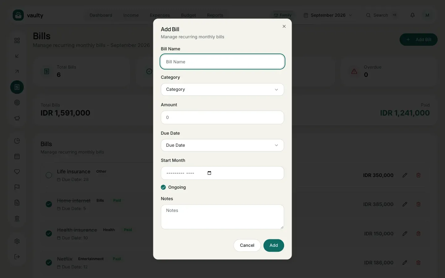 Add Bill form