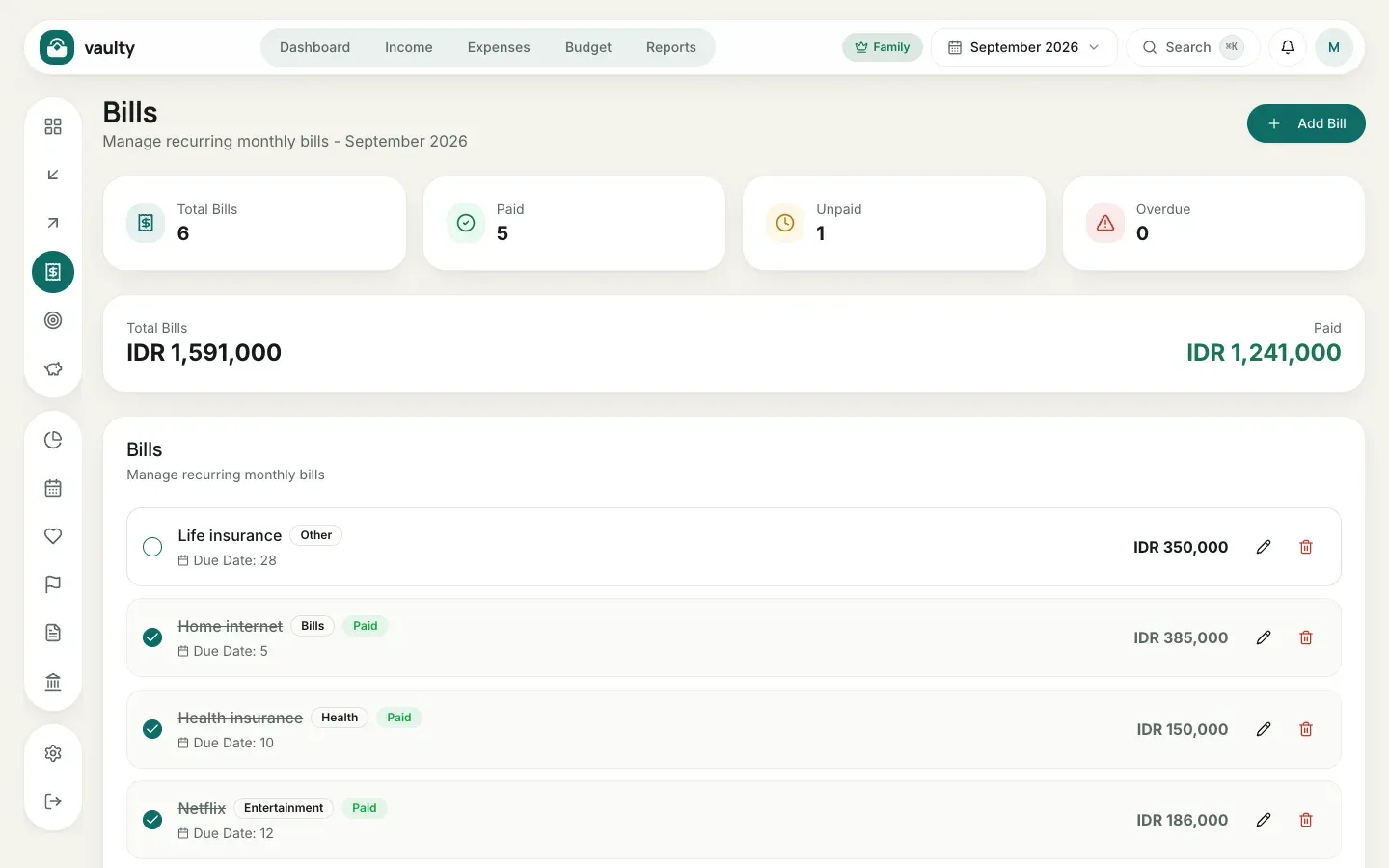 Bills page with paid and due status