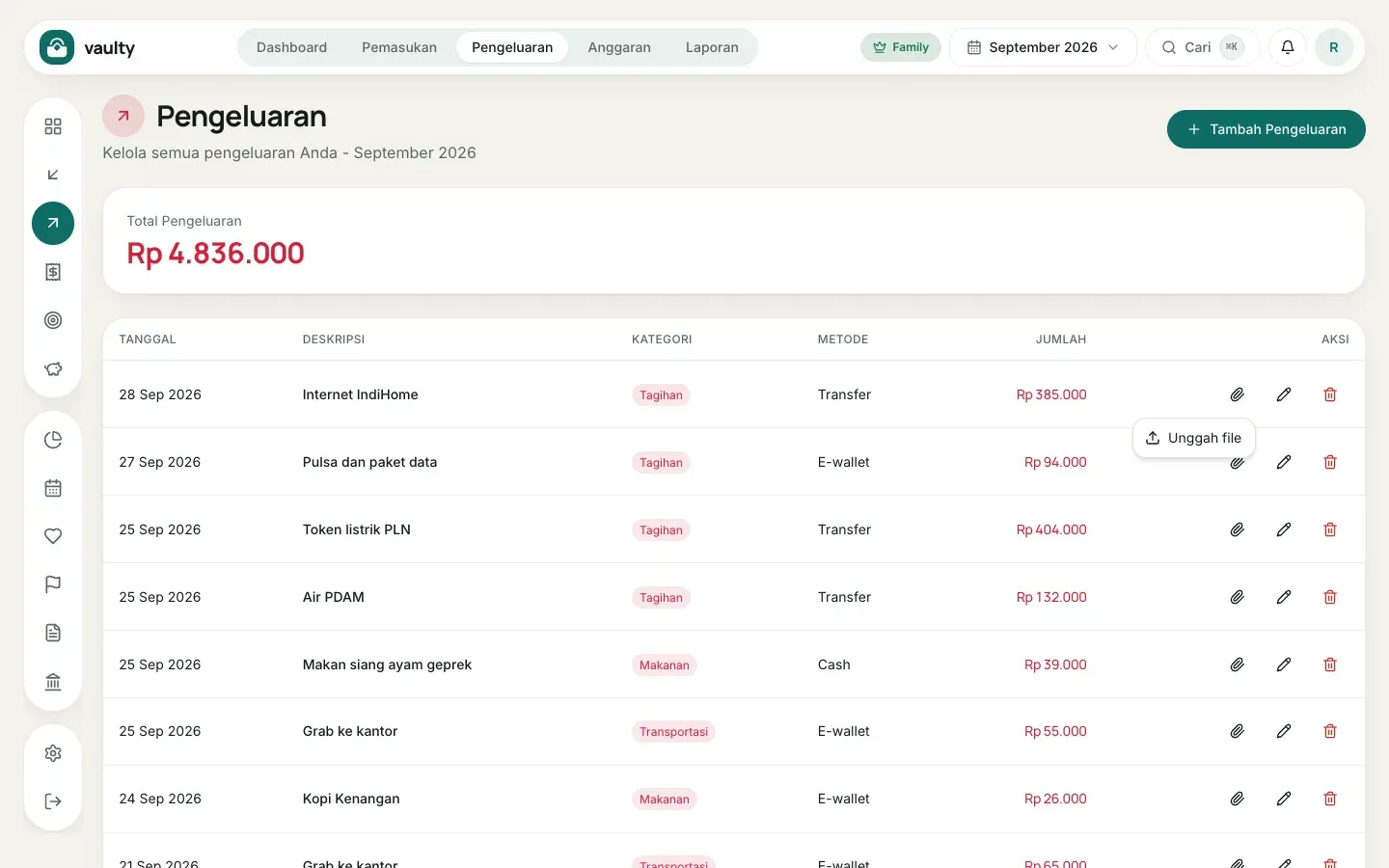 Menu lampiran struk pada baris pengeluaran
