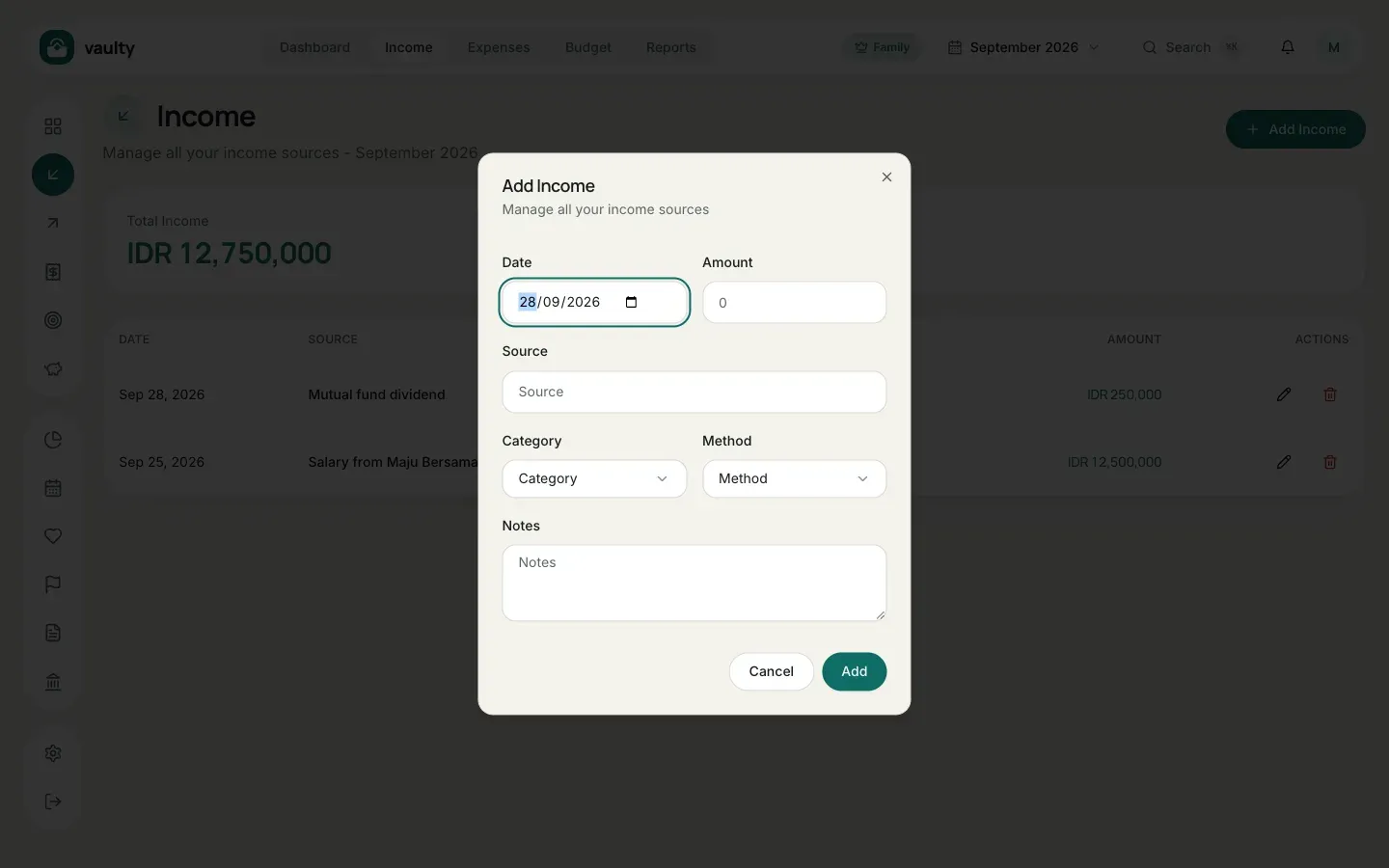 Add Income form