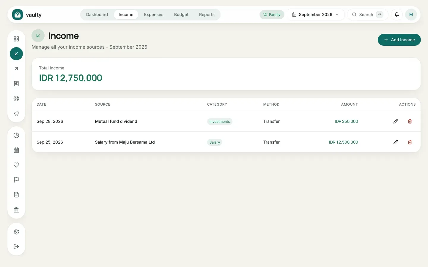 Income page with the list of income and this month total
