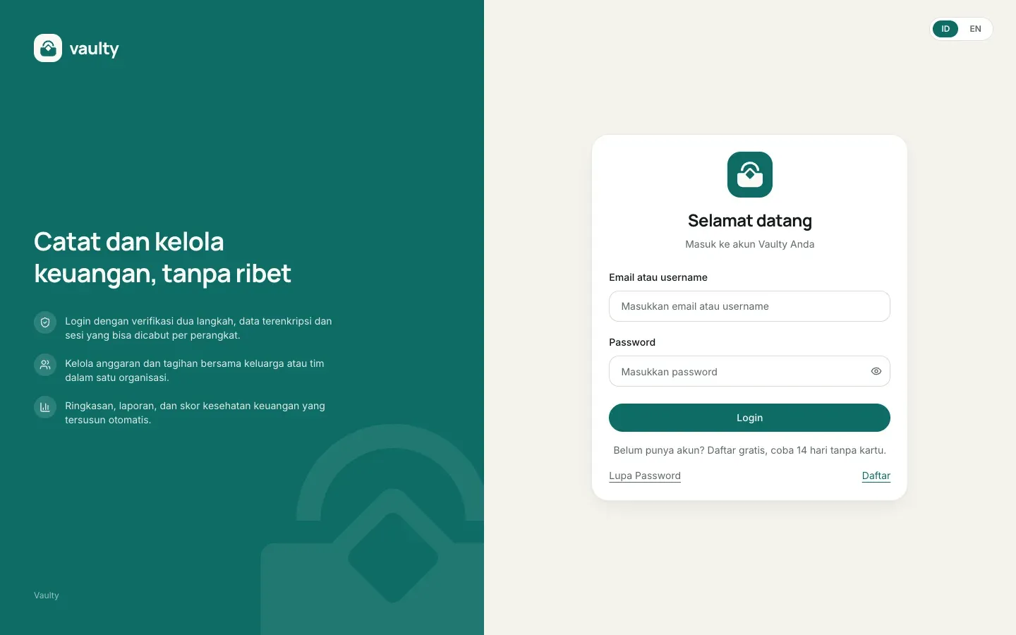 Halaman masuk Vaulty dengan tombol Lanjutkan dengan Google