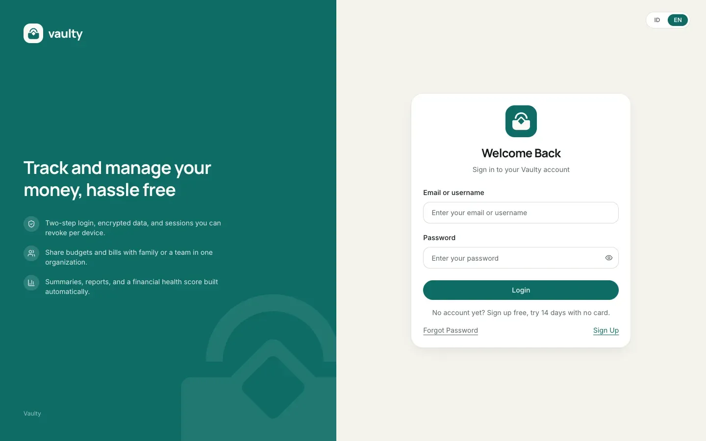 Vaulty login page with the Continue with Google button