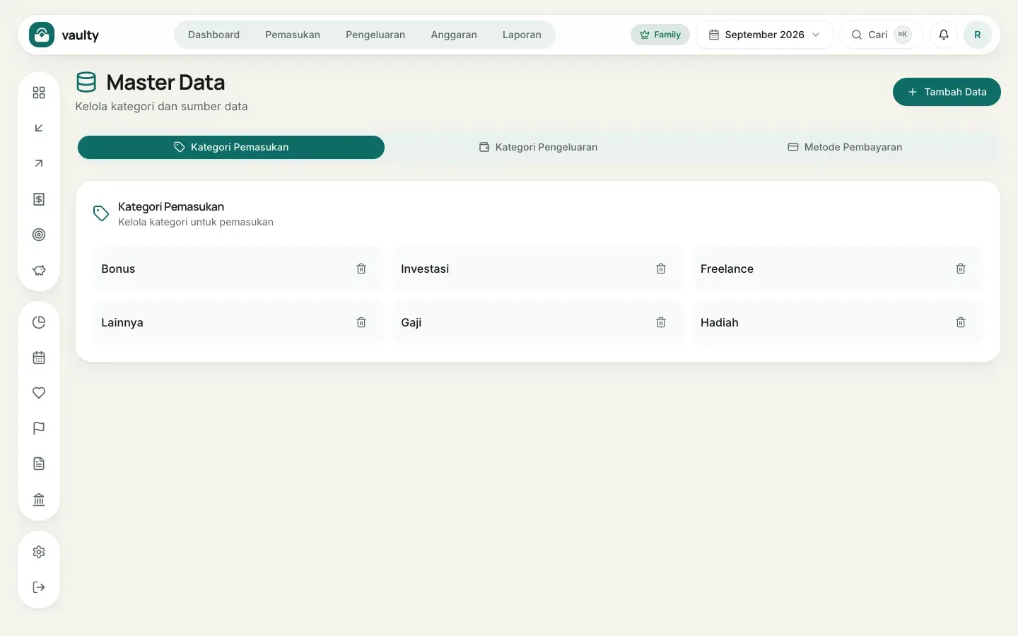 Halaman Master Data dengan tab kategori dan metode pembayaran
