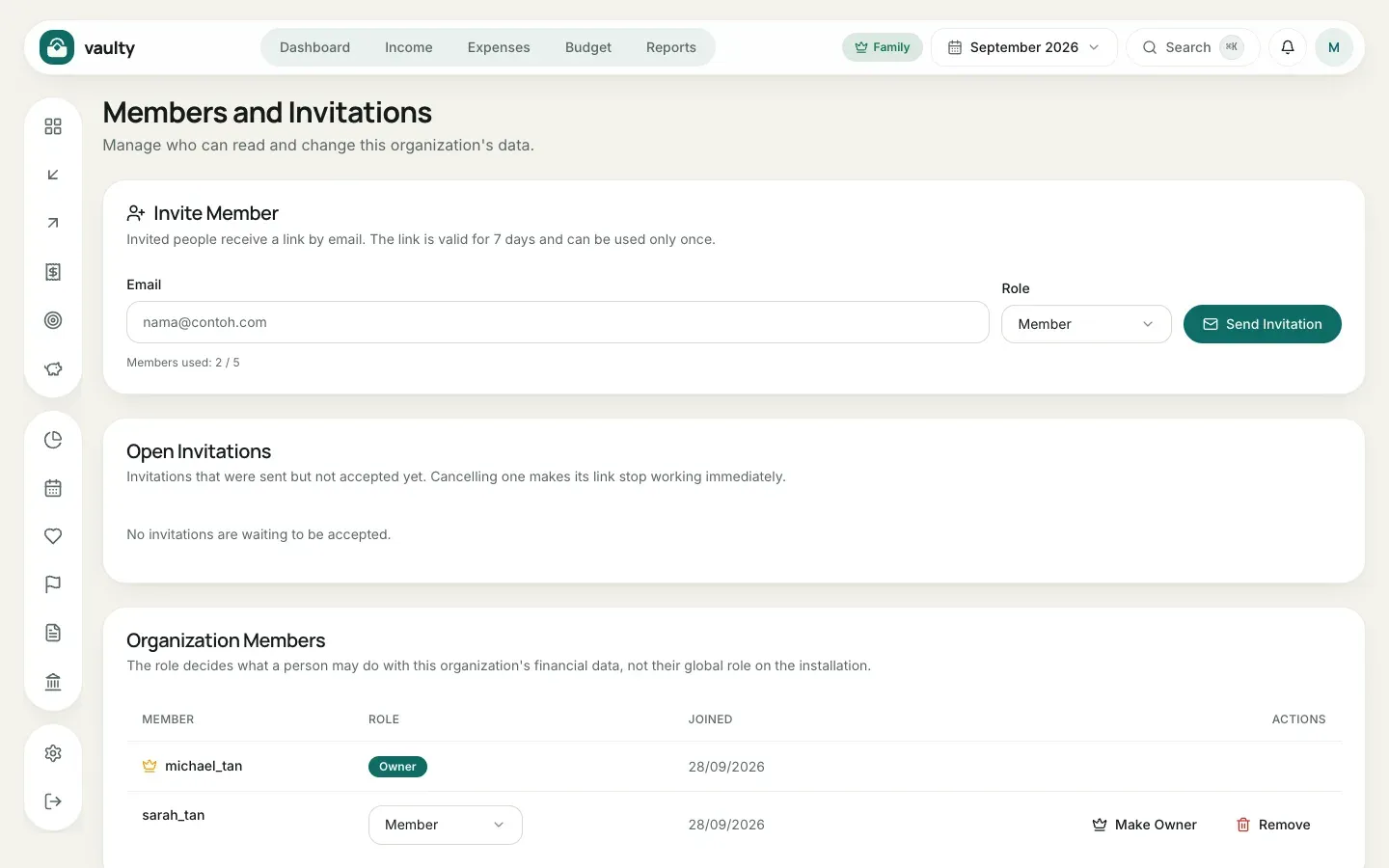 Members and Invitations page