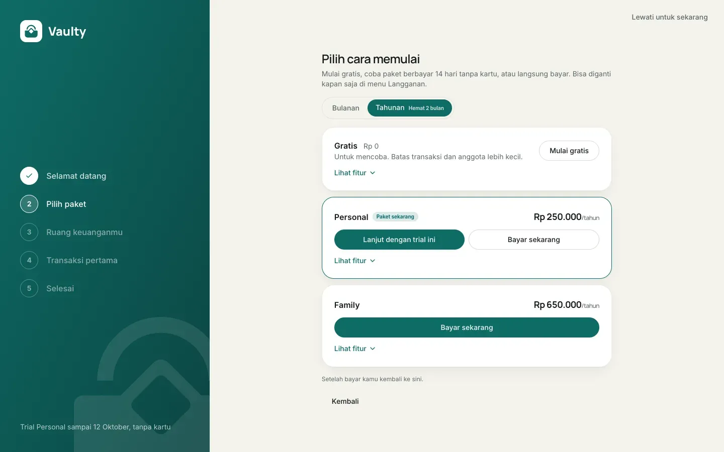 Onboarding langkah pilih paket