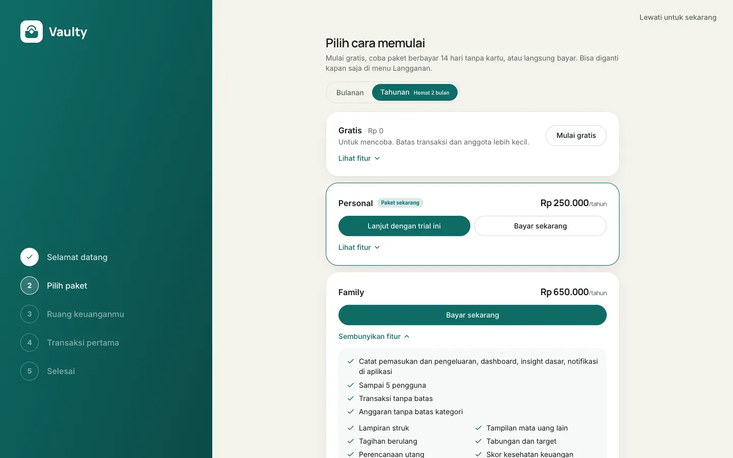 Onboarding langkah nama workspace, bahasa, dan mata uang