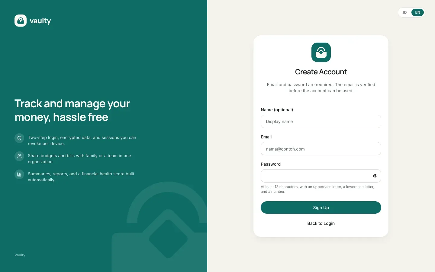 Vaulty sign-up page