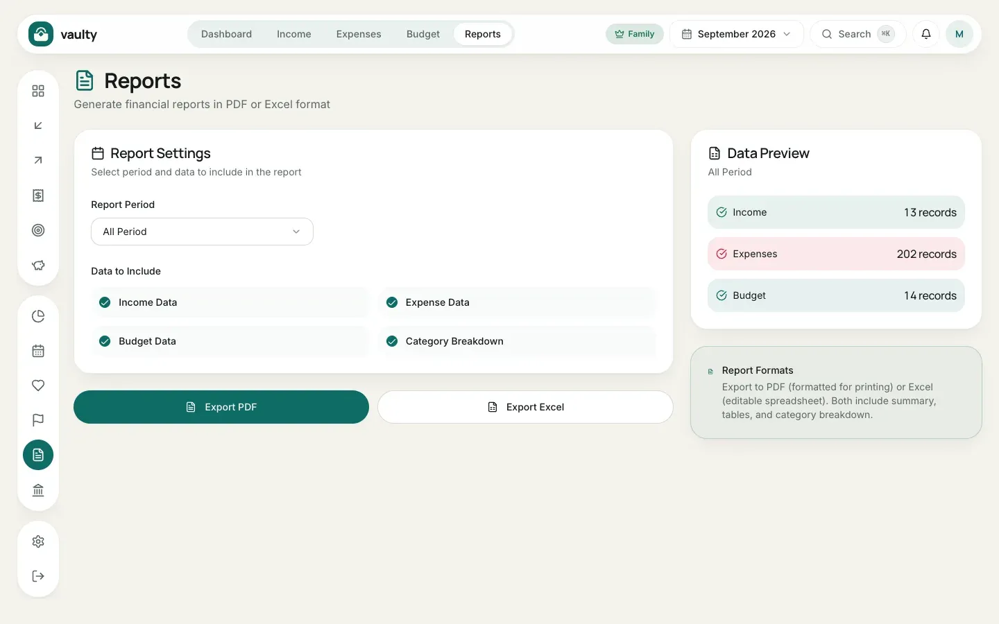 Reports page with report settings and export buttons