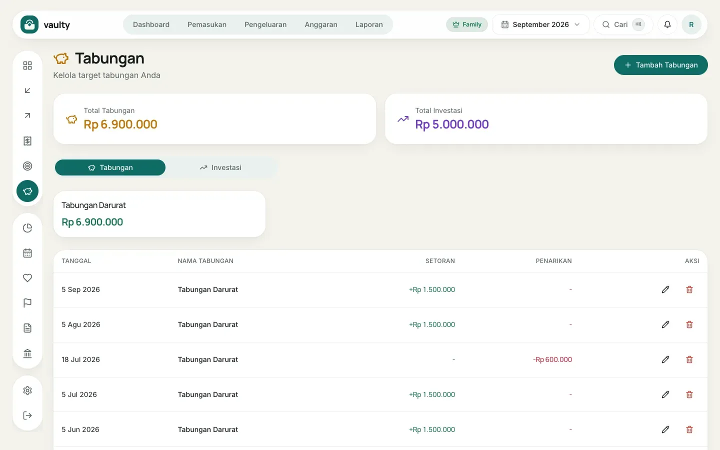 Halaman Tabungan dengan total tabungan dan investasi