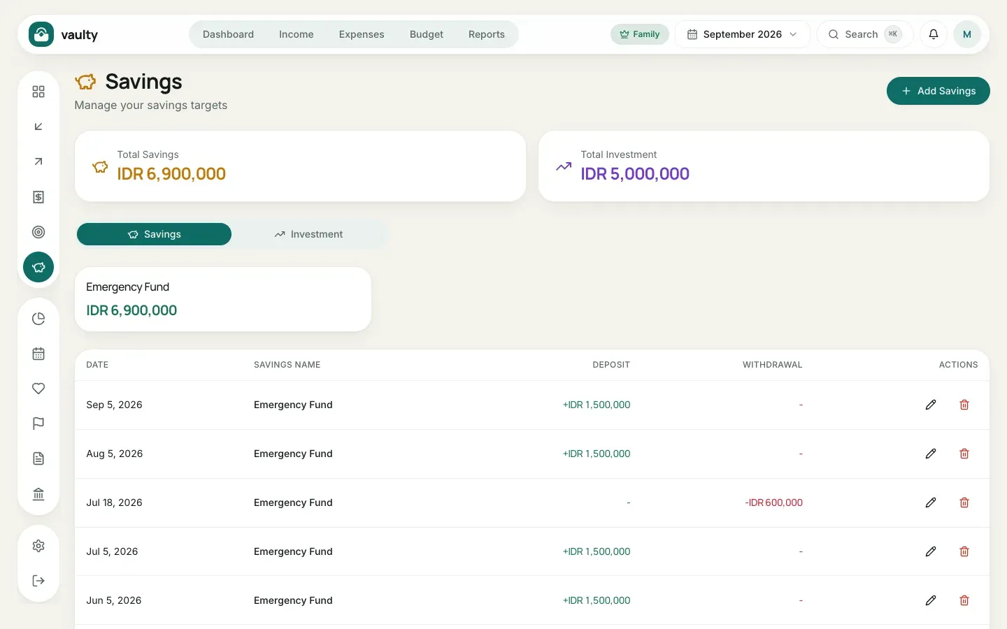 Savings page with total savings and investments