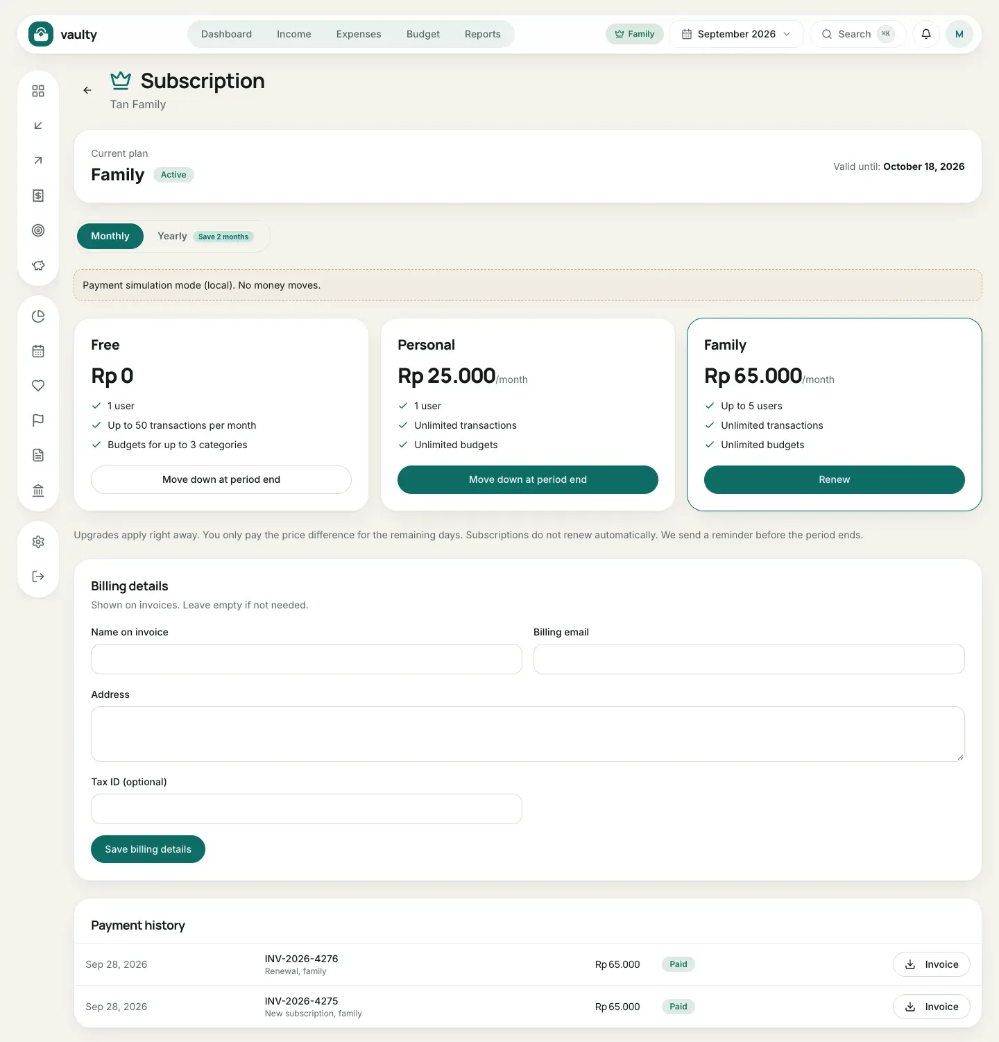 Subscription page with the current plan, plan choices, billing details, and payment history