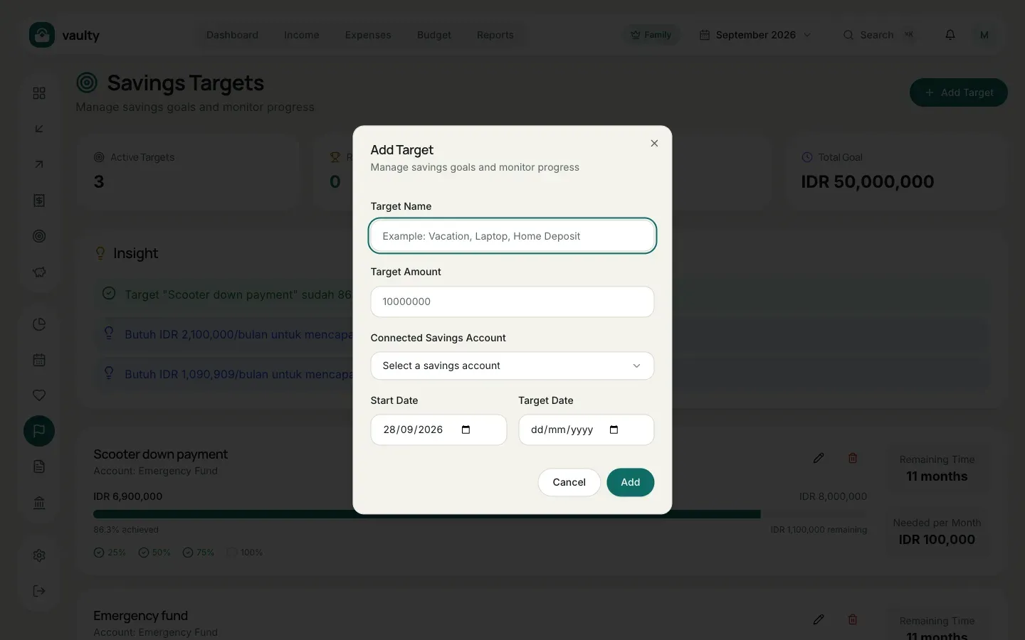 Add Target form