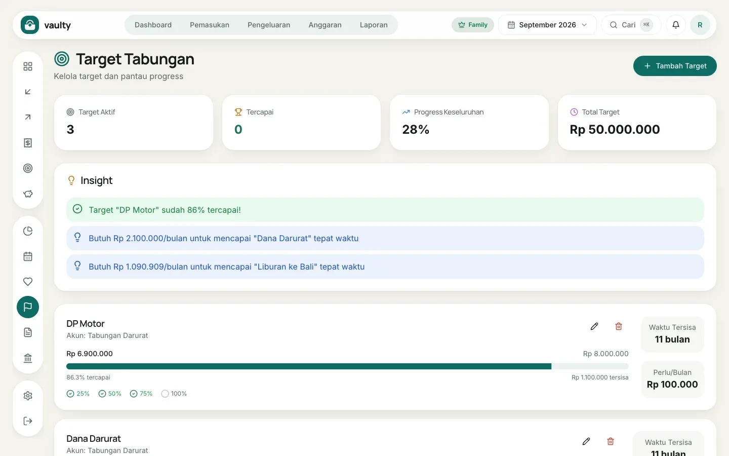 Halaman Target Tabungan dengan progres tiap target