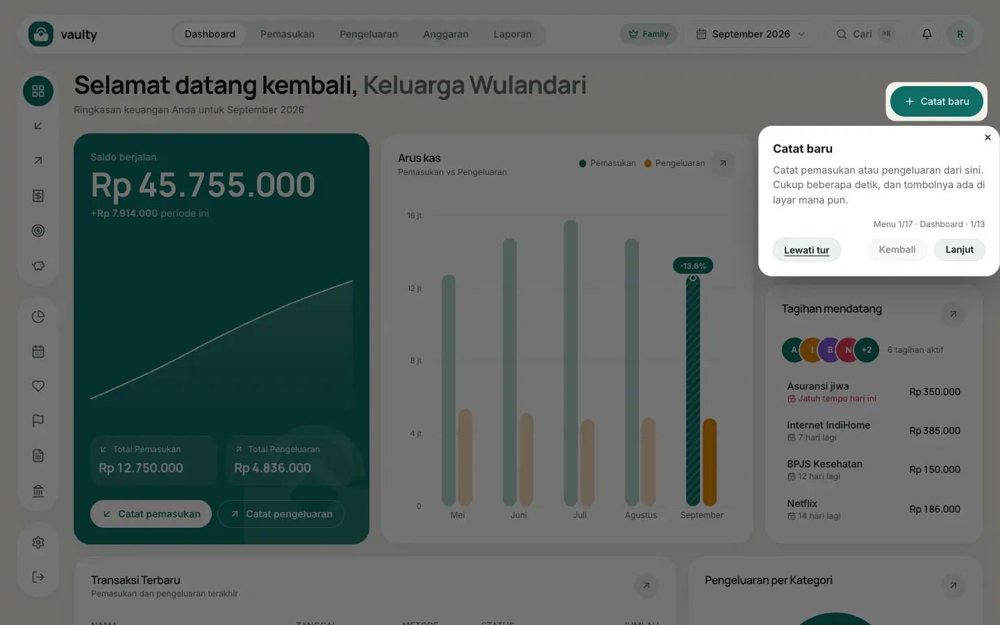 Langkah pertama tur produk menyorot tombol Catat baru